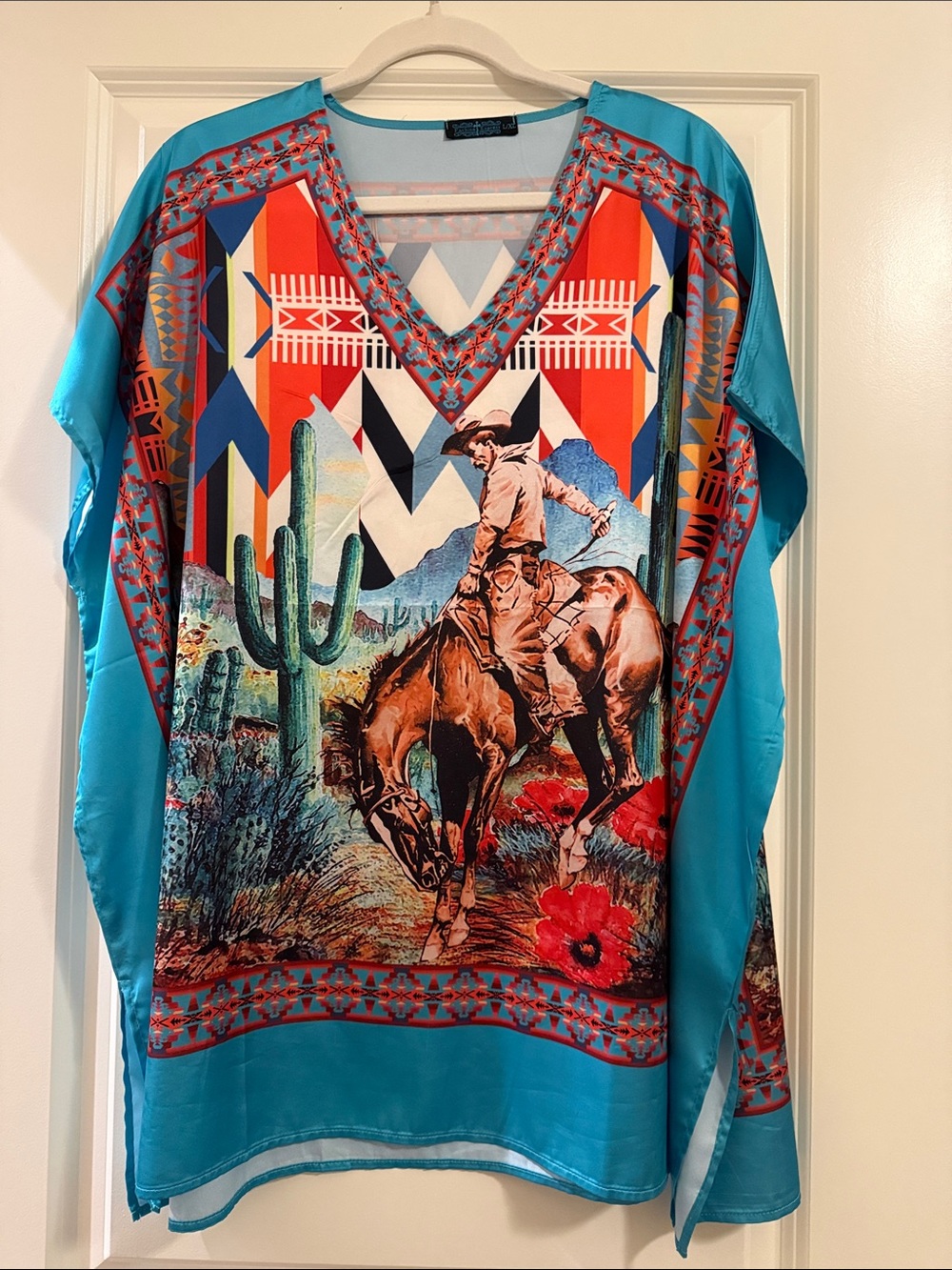 Fashion Express Turquoise Southwestern Cowboy Print Blouse- NWOT